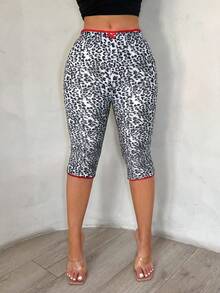 SHEIN SXY Quần legging lửng nữ thời trang, phong cách thường ngày, họa tiết da báo phối ren, thích hợp cho kỳ nghỉ. - Xám - Xem 3