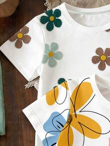 6pcs/3sets Young Girl Casual Soft Loose Round Neck Short Sleeve T-Shirt And Shorts Set, Floral Print Tee With Solid Color Shorts, Suitable For Spring & Summer Casual Outings, Summer Vibes, Korean Style, Back To School Outfit, Comfortable And Fashionable Children's Clothing, Spring & Summer Casual Wear, Children's Graphic Tee, Summer New , Spring & Summer Fashion - Multicolor - View 5