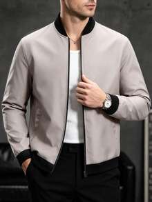 EGENSIO Men's Baseball Collar Color Block Zipper Casual Versatile Daily Wear Long Sleeve Jacket - Light Grey - View 3