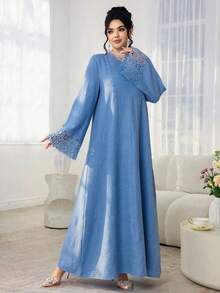 Al Najma 女士圆领拼接缎带休闲派对阿拉伯风格连衣裙 - 藍色 - 查看 4