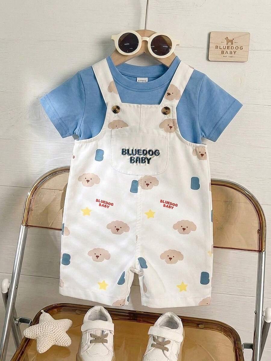 SHEIN Playful Pals 男婴夏季米色可爱卡通小狗和星星字母印花背带短裤,宽松版型,适合日常外出、家庭聚会、户外玩耍和拍照。 - 卡其色 - 查看 1