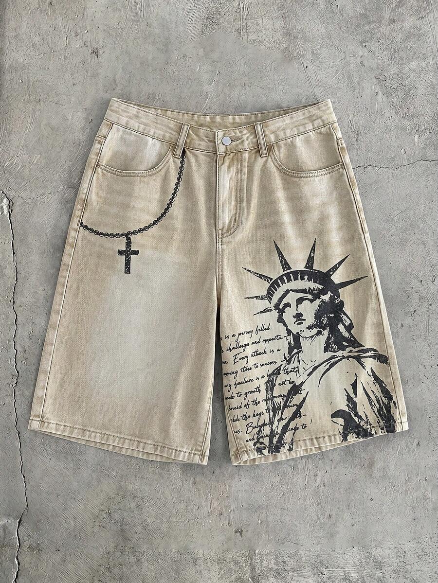 AXEPEAK Men's Summer Street-Style Washed Portrait Pattern Slant Pocket Denim Shorts - Khaki - View 1