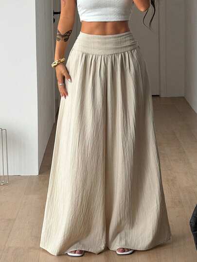 Coolane Women's Summer Casual Vacation Beige Loose Textured Casual Wide Leg Pants, Summer Resort Wear,Fall Women Clothes,Vacation Outfits Women Summer Outfit For Women
