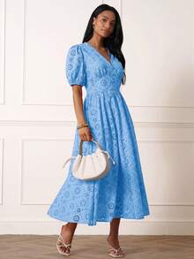 Lilora Women's Elegant Blue Floral V Neck Eyelet Broderie Anglaise Maxi Dress With Puff Sleeves Perfect For Summer Holiday Tea Party Vacation Brunch - Blue - View 4