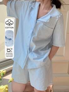 Dazy Plus Plus Size Women Striped Short Sleeve Button-Up Top And Shorts Pajama Set Summer - Baby Blue - View 1