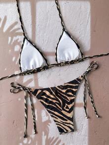 Swim Vcay Bộ bikini nữ mùa hè đi biển họa tiết da báo, hở lưng, buộc dây phía trước, xẻ tà. - Nhiều màu - Xem 2