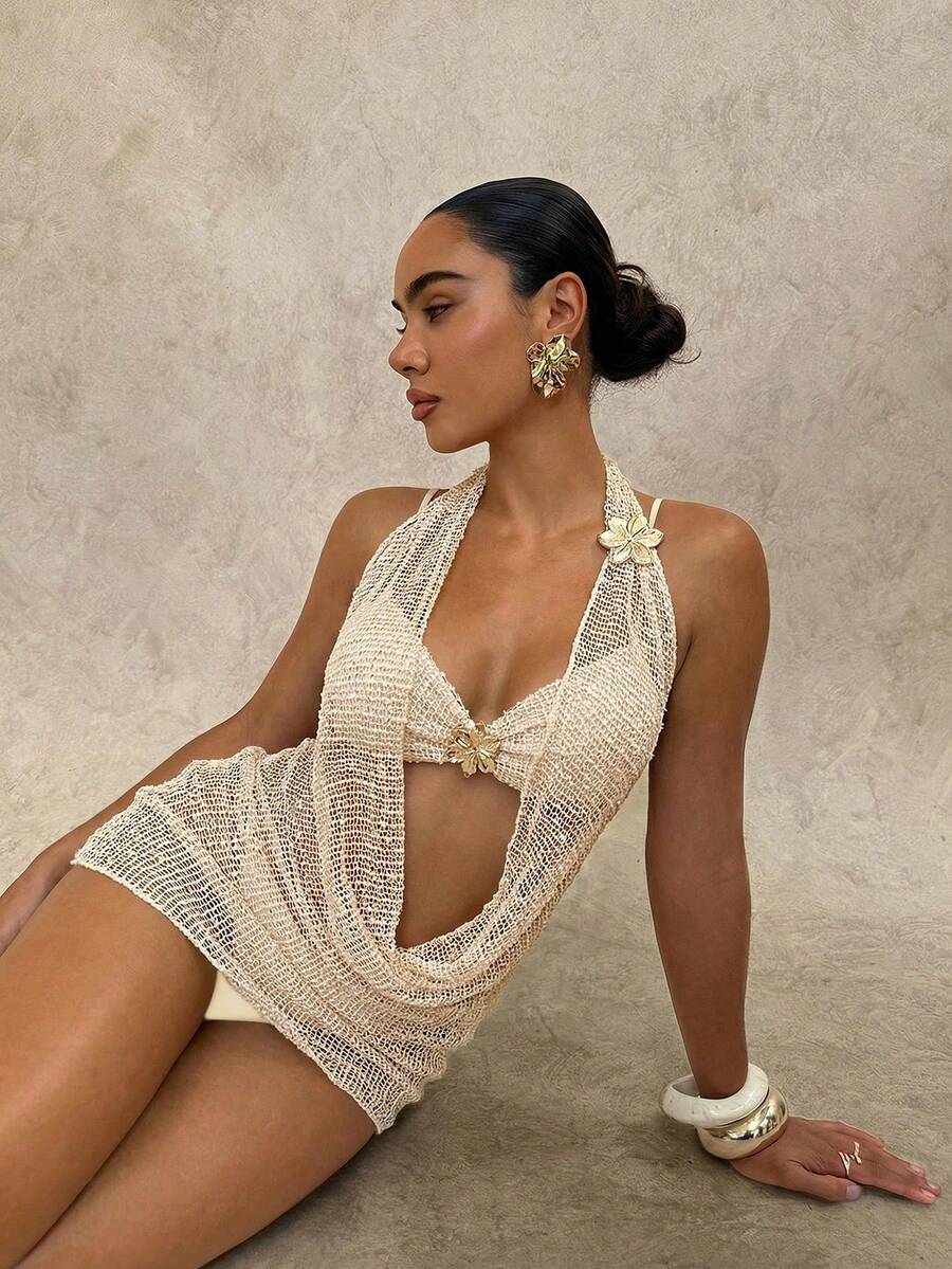 Swim Glamine Women's Beige Summer Casual Beach Holiday Vacation Holiday Bikini Set With Halter Dress Coverup,Spaghetti Strap Solid Swimwear Co Ord Outfit - Yellow - View 1