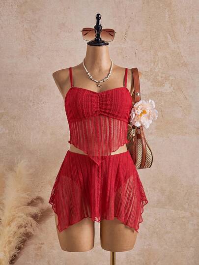 Bellisia Conjunto de tankini de unicolor con encaje para mujer, ideal para vacaciones y playa