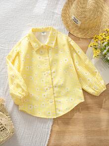 SHEIN Young Girl Woven Floral Plaid Casual Shirt School Yellow Autumn - Multicolor - View 3