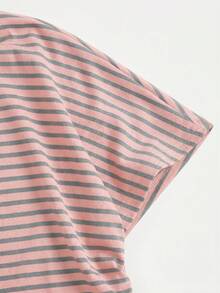 SHEIN 少女针织白色收腰褶皱圆领短袖露脐休闲T恤 - 粉色 - 查看 5