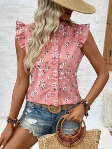 EMERY ROSE Women's Floral Print Pleated Casual Versatile Daily Wear Shirt - Pink - View 3