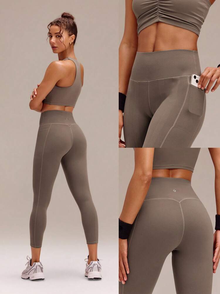 24'' FeatherFit™-Sculpt Tummy Control Knee Protection Leggings With Side Pockets Medium Impact Workout Jogging Gym Training