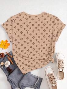Rovax Casual Basic Round Neck T-Shirt, Fashion Coffee Color + Khaki Retro Floral Pattern - Multicolor - View 3