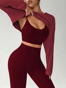 SHEIN BamGlam 3pcs Set Solid Color Cropped Fitted Breathable Jacket - Seamless Bra & Leggings Red Workout Set Gym Matching Set Maroon Workout Set Matching Yoga Set - Burgundy - View 5