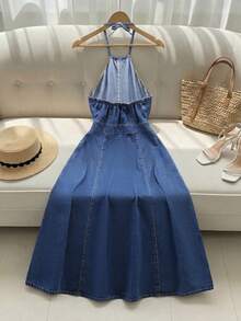 SHEIN Holidaya Đầm denim cổ yếm hở lưng dành cho nữ - Màu xanh lam - Xem 2