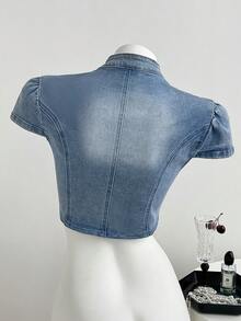Elamini Áo sơ mi denim nữ cổ đứng cài cúc kiểu Napoleon, chất liệu denim mài. - Rửa nhẹ - Xem 2
