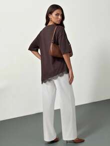 SHEIN Tall Áo thun nữ viền ren mới mùa xuân/hè - màu nâu - Xem 2