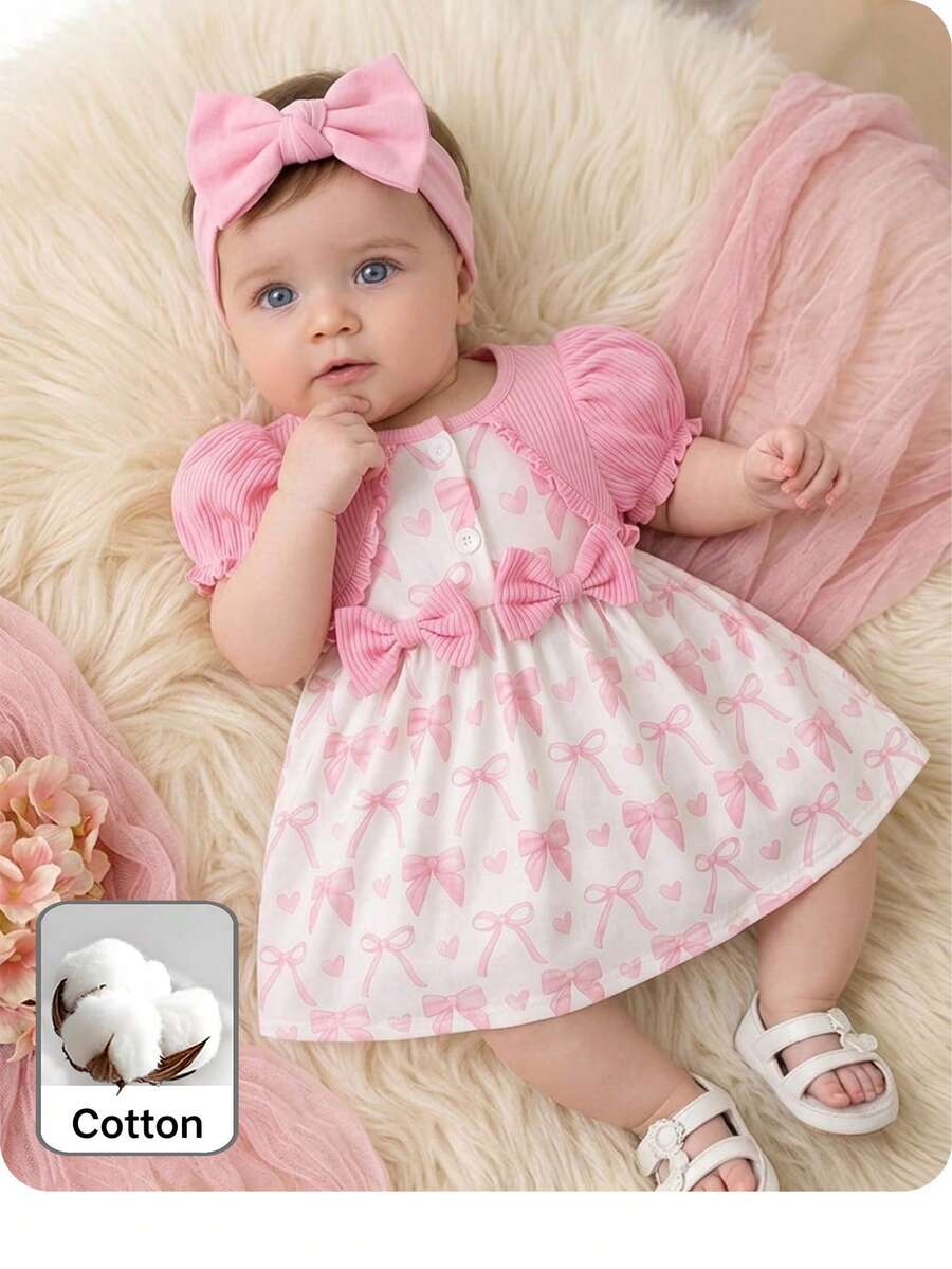 Đầm ngắn tay màu hồng phối nơ dễ thương, thoải mái, kiểu dáng thường ngày cho bé gái. - Hồng - Xem 1