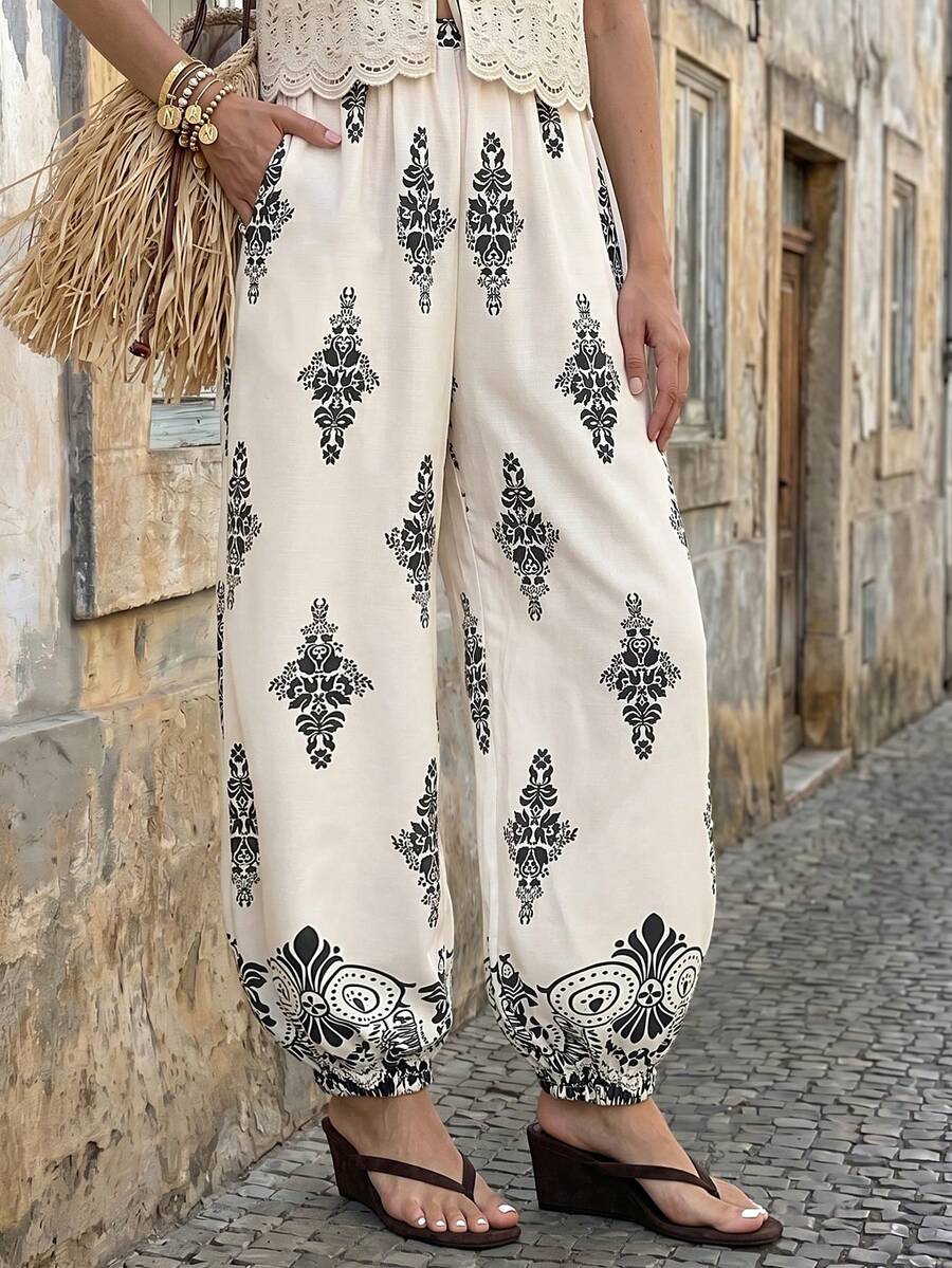 Solivie Women's All-Over Print Casual Loose Vacation Pants - Black and White - View 1