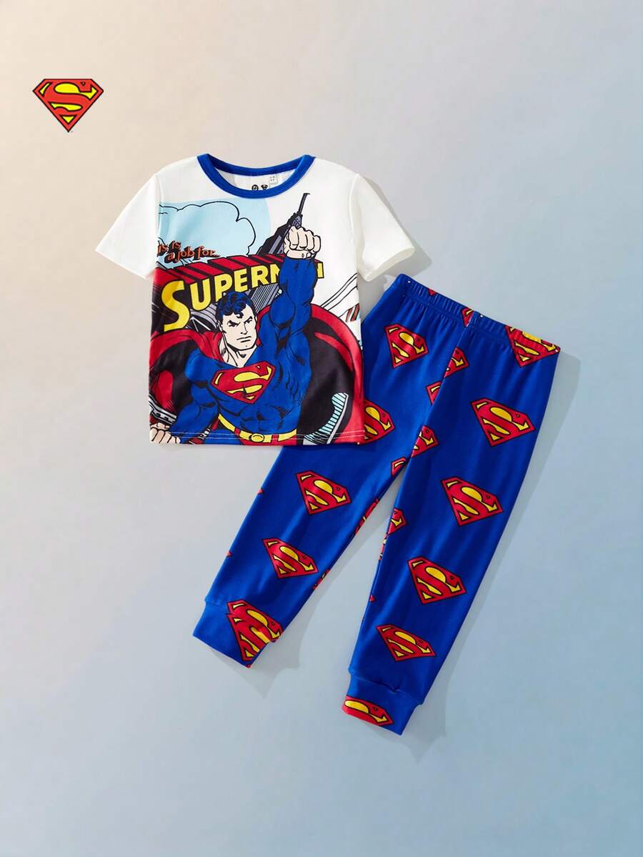 Maija Kids SUPERMAN X SHEIN Maija Kids 男童卡通超级英雄图案针织柔软圆领短袖套头衫和松紧腰紧身裤两件套 - 彩色 - 查看 1