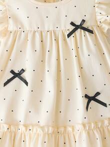 SHEIN Baby Girls' Casual Cute Polka Dot Bowknot Flounce Sleeve Design Dress, Suitable For Spring/Summer Daily Wear - Apricot - View 3