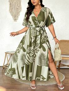 SHEIN LUNE 交叉绑带V领短袖宽松开衩优雅大码女式度假连衣裙 - 彩色 - 查看 3