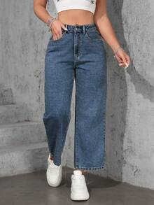 SHEIN ICON Plus Size Women Casual Loose Straight Leg Light Blue Non-Stretch Jeans - Light Wash - View 3