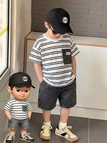 SHEIN Explorewe 2pcs/Set Young Boy Striped Round Neck Short Sleeve T-Shirt And Shorts Casual Daily Outfit - Black - View 3