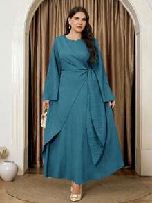 Veilorie Plus Size Elegant Solid Color Flare Sleeve Tie-Waist Wrap Dress - Teal Blue - View 5