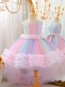 Glamorique Kids 女童彩色漸層拖尾公主裙 時尚可愛嬰兒生日蓬蓬紗裙 童裝彩虹洋裝 秋季款 - 粉色 - 查看 5