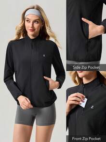 OutZeal Chaqueta negra deportiva para mujer, ropa de gimnasio, ligera, de manga larga con cremallera, parte superior activa - Negro - Ver 3