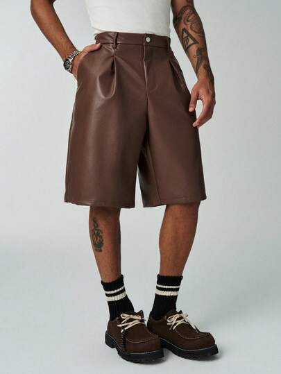 ÉpureWay Men's Brown PU Leather Straight Leg Casual Shorts, Fashionable & Versatile