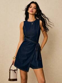 SHEIN Tall Bộ áo liền quần denim không tay cổ tròn thắt eo dành cho nữ, trang phục thường ngày thoải mái đi biển và nghỉ mát thanh lịch cho nữ. Bộ áo liền quần denim không tay thắt eo kiểu quấn dành cho nữ mùa hè, trang phục thường ngày thoải mái đi nghỉ mát. - Rửa tối - Xem 14