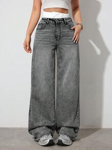 SHEIN Tall Quần jeans ống rộng cạp cao hai lớp dành cho nữ, trang phục thường ngày mùa hè phong cách Y2K và dự tiệc đường phố dành cho nữ. Quần ống đứng rộng cạp thấp dành cho nữ, quần jeans cạp đôi dành cho nữ dáng cao, quần jeans cạp thấp cho nữ dịp Valentine, quần jeans rộng thùng thình, quần jeans mùa hè. - Màu xám đen - Xem 7