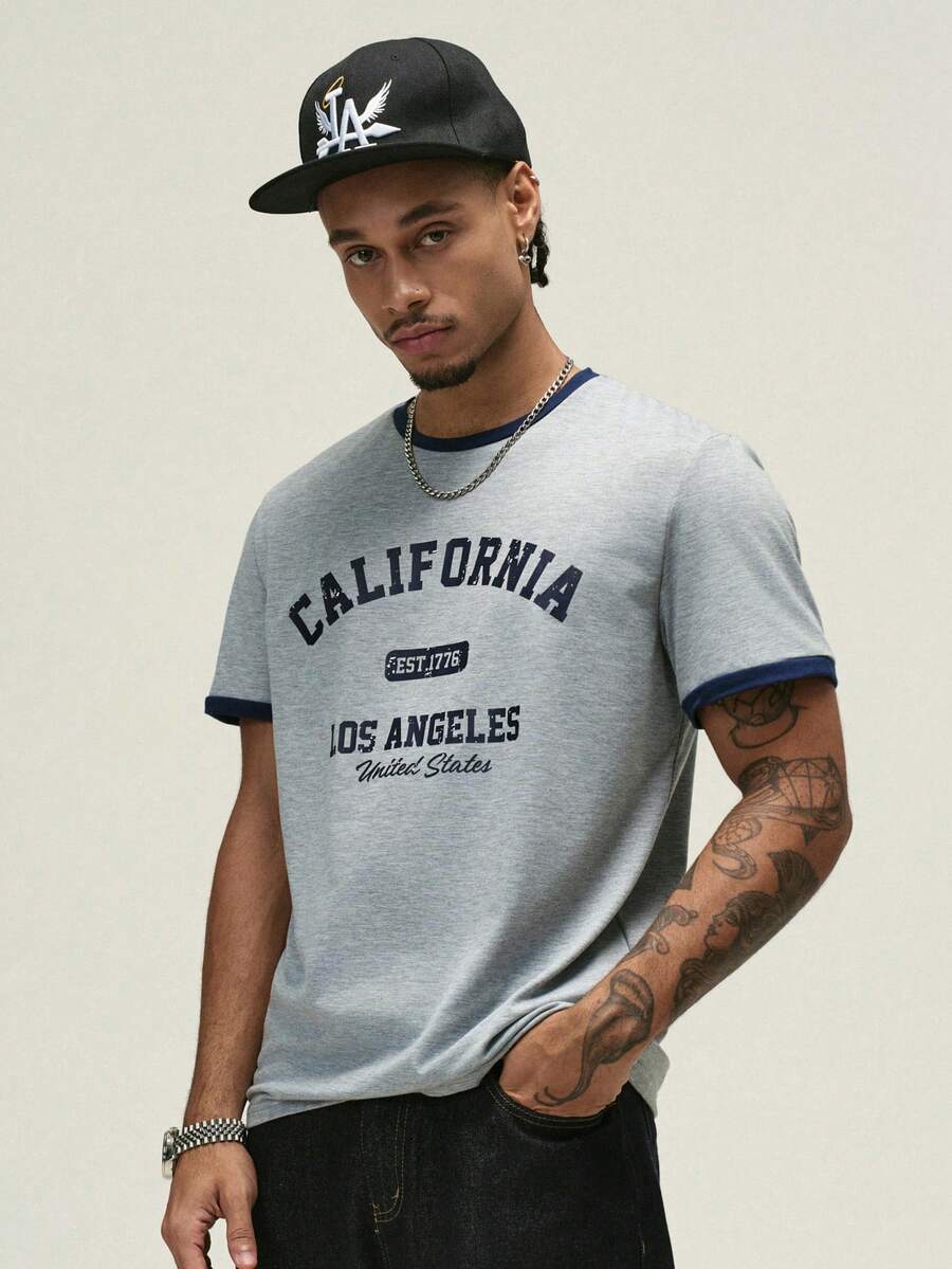 ÉpureWay Standard Size Men's Floral Grey Patchwork Navy Cuff T-Shirt, Casual College Letter Graphic, Versatile Daily Wear - Multicolor - View 1