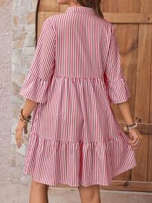 Vestido camisero de manga corta con cuello alto y rayas para maternidad - Burdeos - Ver 2