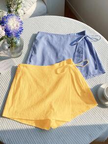 Comfortcana 2pcs/Set Plus Size Women's Summer Casual Linen Bow Striped Skirt Pants And Yellow Drawstring Wrap Shorts Set, Suitable For Beach Holiday - Multicolor - View 1
