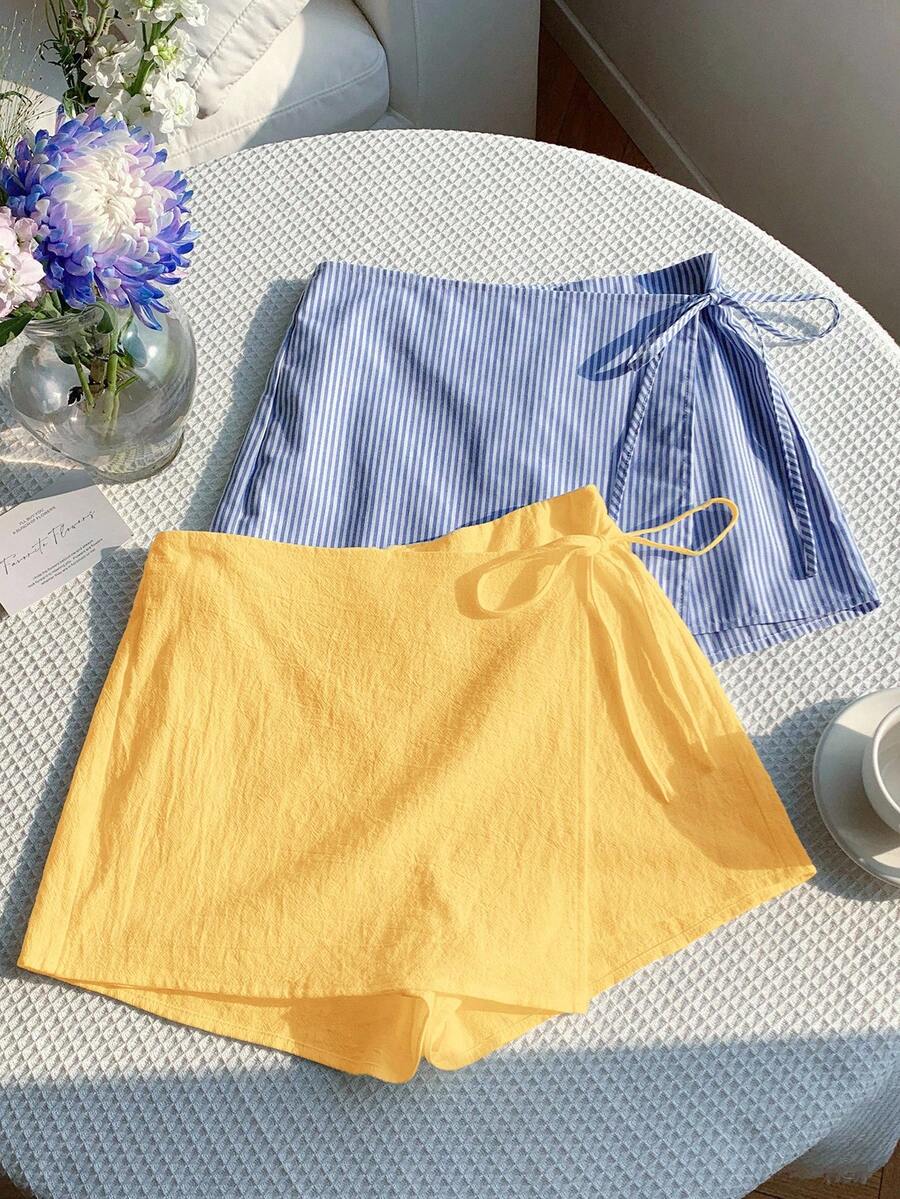 Comfortcana 2pcs/Set Plus Size Women's Summer Casual Linen Bow Striped Skirt Pants And Yellow Drawstring Wrap Shorts Set, Suitable For Beach Holiday - Multicolor - View 1