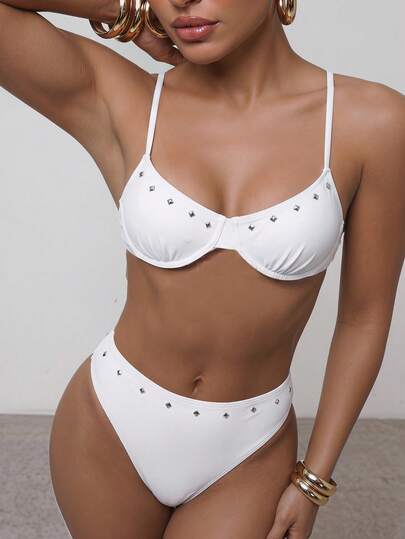 Maija Women's Summer Beach Rivet Design Sexy Bikini Swimwear Set
