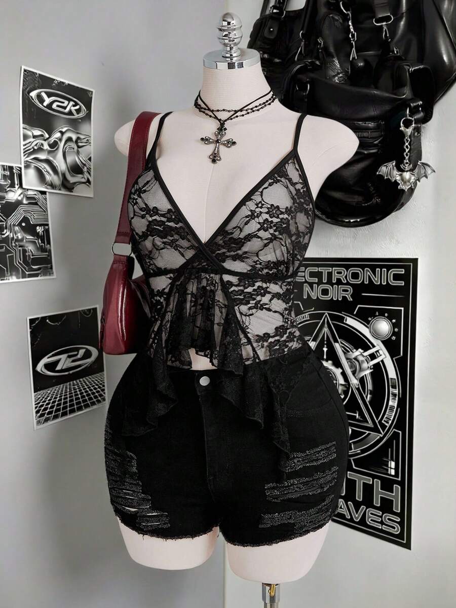 SHEIN ICON 夏季大码性感荷叶边薄纱蕾丝吊带背心 - 黑色 - 查看 1