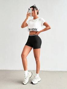 BamGleam Women Round Neck Short Sleeve Letter Printed Top + Spaghetti Strap Crisscross Back Striped Patchwork Bra And Shorts, 3pcs Slim Fit Casual Sports Set Workout Women Setwomen Workout Set Gym Women Outfit - Black and White - View 6
