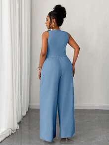 Maweii Conjunto de 2 piezas para mujer talla grande: Chaleco corto de unicolor y pantalones de pierna ancha - Azul - Ver 2