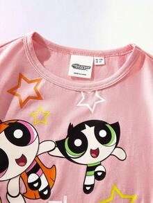 THE POWERPUFF GIRLS X SHEIN Maija Kids Cartoon Pattern Soft Knit Round Neck Short Sleeve Dropped Shoulder Pullover T-Shirt For Young Girls - Pink - View 5