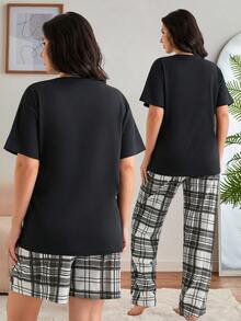 SHEIN Plus Cotton 3pcs/Set Women' S Plaid Print Pajamas &Shorts And Bow Patterned Detail Homewear Pajama Set - Black and White - View 2