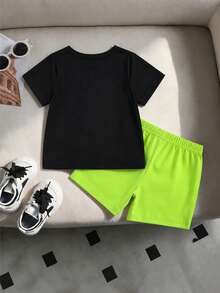 SHEIN 2件組男嬰套裝 卡通熊飾領短袖開襟衫 & 印花短褲襯衫 & 羅紋面料衣物 夏季 - 彩色 - 查看 2