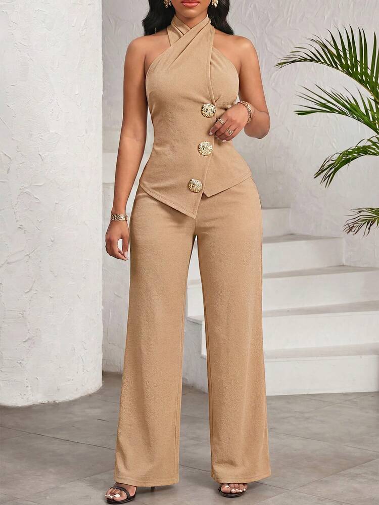 SHEIN Lady Women's Metal Button Crossover Pleated Camisole And Casual Pants 2 Pieces Set,Summer Outfits For Women - Khaki - View 6