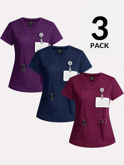 TaskEZ 3pcs Solid Color Short Sleeve Scrub Uniform Set