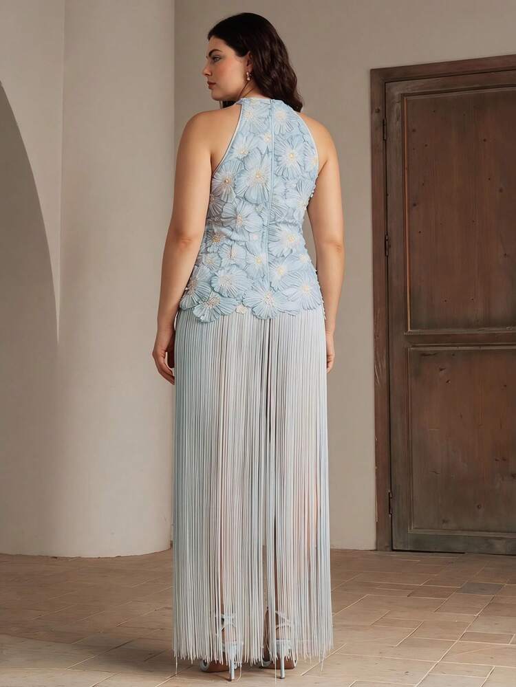 Women's Summer Outfit Romantic Beach Heavy Craft Jacquard Beaded Tassel Patchwork Asymmetrical Halter Neck Light Blue Plus Size Cover-Up Dress, Suitable For Vacation, Party, Beach Party, Beach Outfit, Vacation