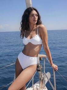 Maija Women's Summer Beach Rivet Design Sexy Bikini Swimwear Set - White - View 5