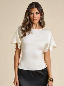 SHEIN BAE Women's Satin Batwing Sleeve Ruched Elegant Blouse,Summer Top - White - View 5